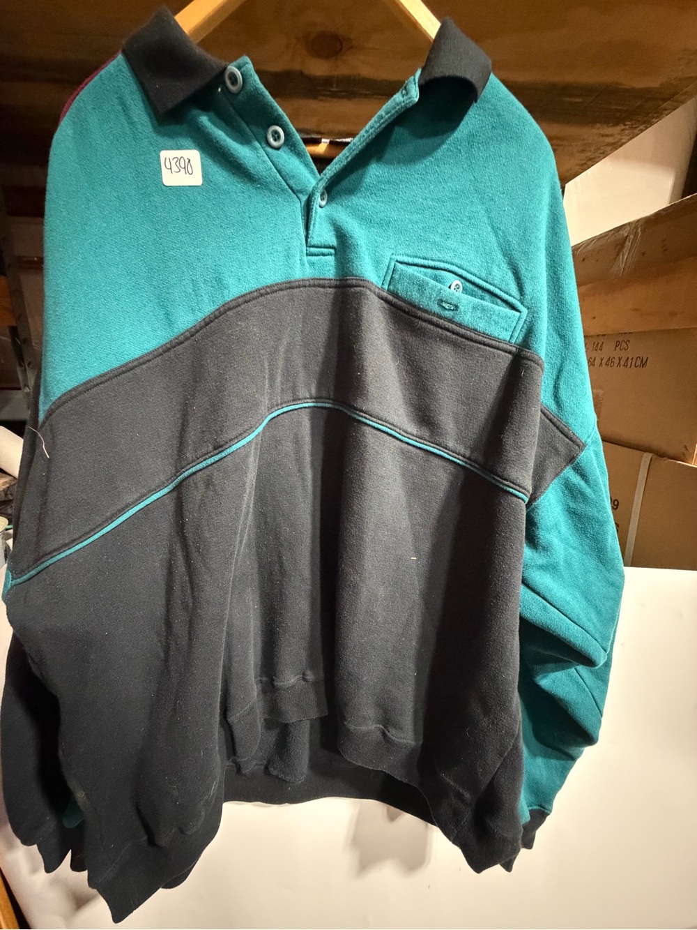 #4390-Men's Teal and Black Rugby Sweater - Classic Colorblock Pullover